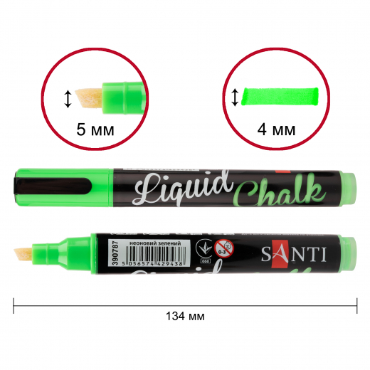 Крейдяний маркер SANTI, неоновий зелений, 5 мм, 6 шт в коробці