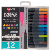 Набір акварельних маркерів SANTI Brush Pen 12 кольорів двосторонні